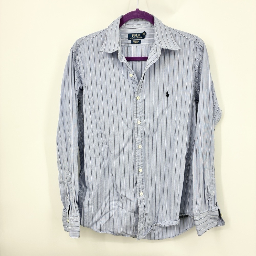 POLO Ralph Lauren Men Size Medium Shirt Button Down Top Blue White Stripe Cotton